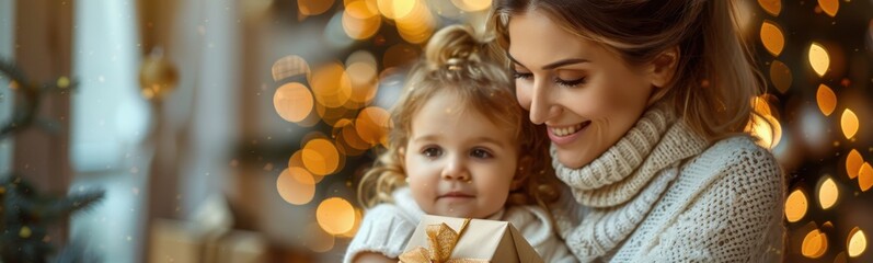 Naklejka premium Woman holding a small child and smiling, banner, copy space
