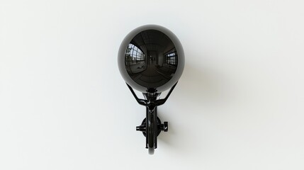 A sleek black spherical object mounted on a wall, reflecting the surrounding space.
