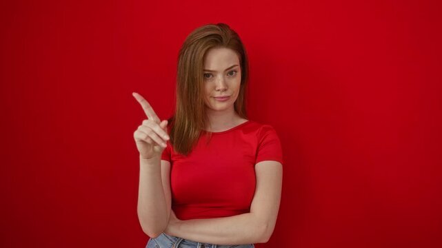 Confident young woman with red hair making a no gesture with her finger standing against an isolated red background