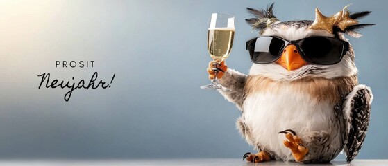 Stilvolle Eule feiert Silvester mit Sekt Lustige Neujahrskarte
