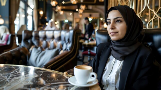 Businesswoman wearing a hijab sits in a luxurious coffee caf enjoying a cup of coffee and exuding sophistication Her friend a life coach provides advice on achieving worklife balance - Powered by Adobe