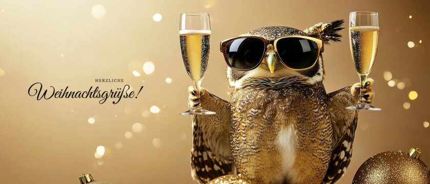 Coole Eule feiert Weihnachten mit Champagner  Festliche Weihnachtsgr&uuml;&szlig;e