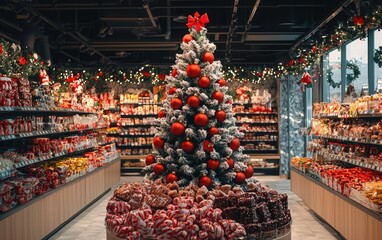 A bright and festive Christmas tree surrounded by a display of holiday chocolates and candies in a modern supermarket