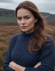 Woman with loose hair, wearing a dark scarf and jacket, gazing thoughtfully at a distant horizon.