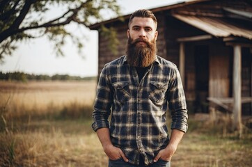 Bearded man standing near rustic cabin in open field at sunset