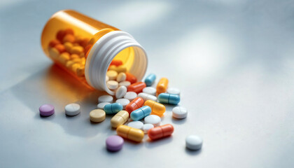 Spilled pill bottle with colorful tablets and capsules