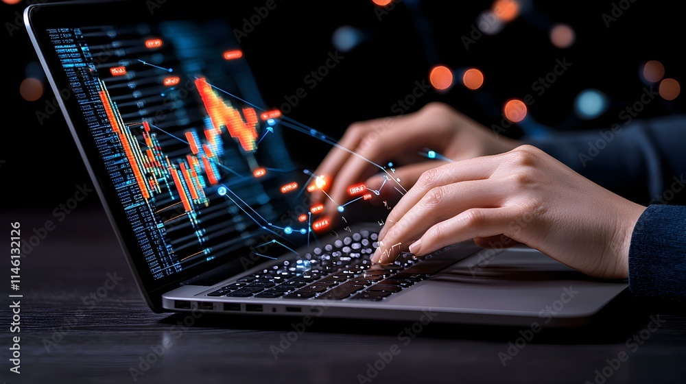 Poster hands typing on laptop with data visualization displayed