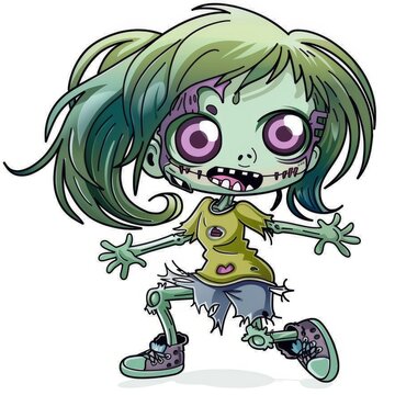 Cartoon illustration of a cute female zombie with green skin, ripped clothing, and big eyes, isolated on a white background.