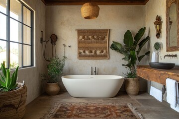 A spacious bohemian bathroom featuring a freestanding tub, earthy tones, and rustic decor for a cozy and artistic feel.