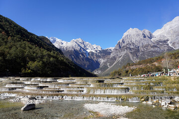 Blue Moon Valley, Lijiang Yunnan China the popular spot inside the Jade Dragon Snow Mountain Scenic Area. Beautiful nature panoramic scenery 