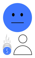 Blue circle face with a neutral expression, abstract outline of a person and stack of falling coins with dollar symbol. Ideal for emotions, finance, business, simplicity, avatars, communication