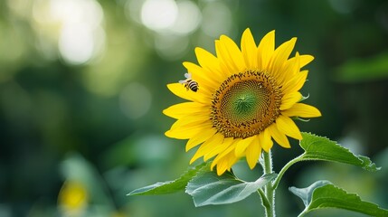 Obraz premium A single yellow sunflower with a bee collecting pollen, macro shot, Naturalist style
