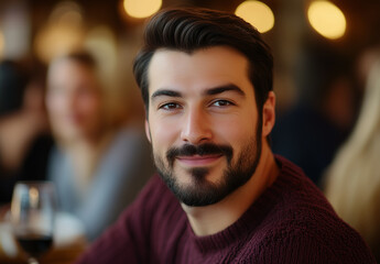 Obraz premium Photoshoot of young adult handsome man with beard, smiling and looking at the camera while sitting inside a restaurant. Man wearing burgundy sweater.
