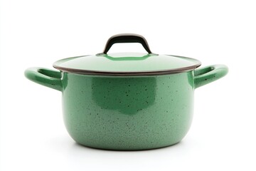 Close-up of a cast iron pot in green, with a shiny cover.