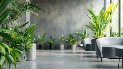 Fototapeta premium Office Waiting Room with Grey Furniture and Greenery