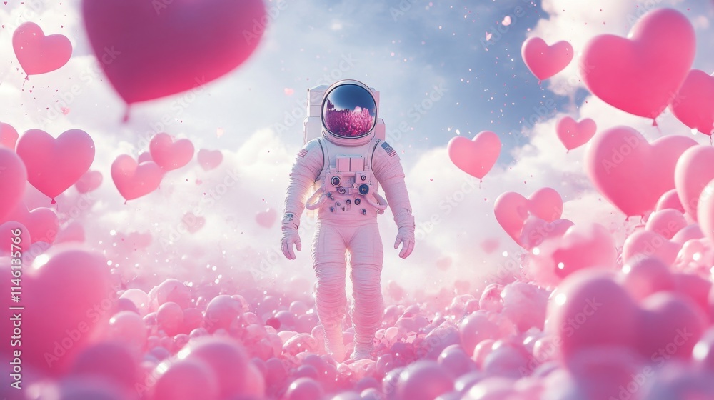 Poster An astronaut walks through a whimsical setting filled with floating pink hearts and fluffy clouds. The soft, pastel atmosphere creates a surreal and romantic vibe, evoking a sense of wonder.