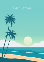 California poster with beach landscape, palm tree, sea sunset, sky. Silhouette vector illustration in minimalist style.