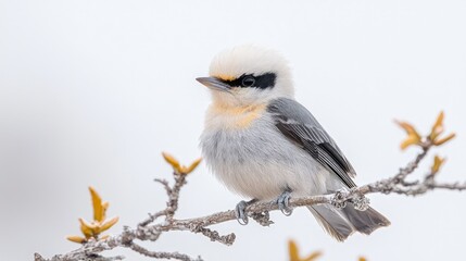 Obraz premium A fluffy white and grey bird perched on a branch.