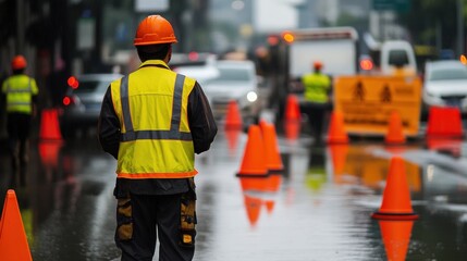 Worker in safety gear stands near flooded road