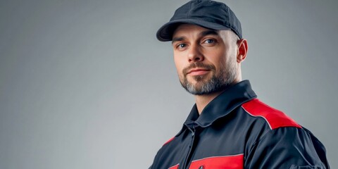 A confident male worker poses in a modern uniform. He wears a black cap and a red-trimmed jacket. This image suggests professionalism and readiness for work. Ideal for commercial use. AI