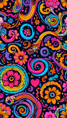 Fototapeta premium Groovy Psychedelic 70s Pattern: Colorful Swirls, Flowers, Hearts, and Funky Wavy Lines