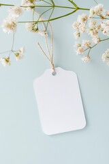 Mockup of a label on a jute string with a minimalist background and floral accents. Perfect for branding and design projects.