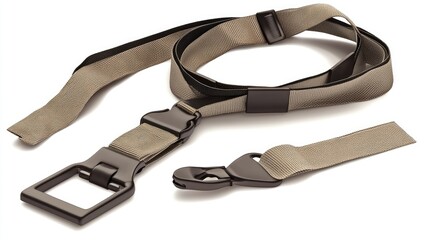 A tan seatbelt with a buckle and a latch, designed for safety in vehicles.