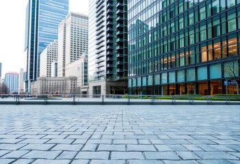 Fototapeta premium Empty brick floor and modern city buildings background