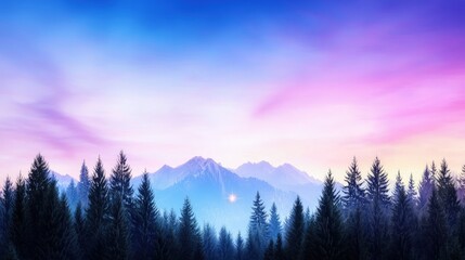 Obraz premium Vibrant sunset over majestic mountains and pine forest.