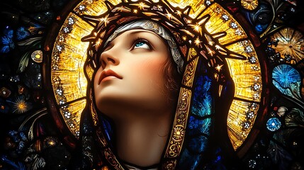 Fototapeta premium Saint Catherine of Siena in a vibrant stained-glass design, wearing a glowing crown of thorns, with bright celestial imagery of stars and halos in radiant gold and sapphire tones,