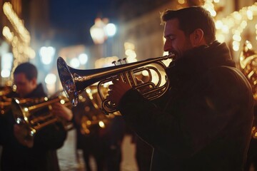 Obraz premium A talented musician plays a brass instrument in an atmospheric night-time street performance, with blurred lights in the background creating a warm ambiance.