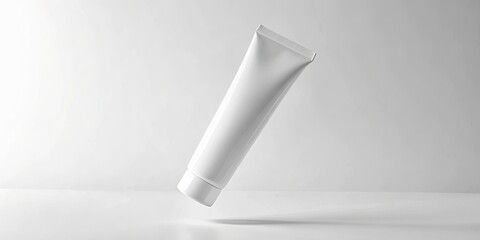 Minimalist beauty shot:  a single skincare tube, elegantly floating, in monochrome.