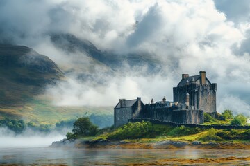 A robust fortress sits by tranquil water, with dramatic clouds overhead, combining historical architecture's strength and the soothing essence of nature's beauty.