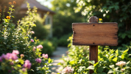 Empty wooden signpost in a garden