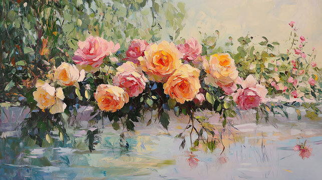 Impressionist Floral Painting of Roses Over Water