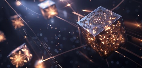 A futuristic 3D render of glowing geometric blocks with intricate details, floating in space against a dark background with faint light streaks.
