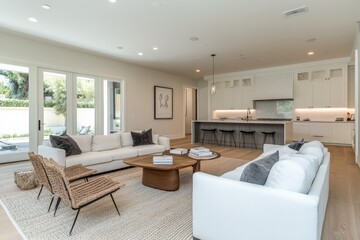 An open-concept kitchen and living room flows seamlessly in a white color scheme, featuring stylish modern furniture and elegant decor for a harmonious living space.