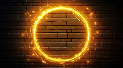 Golden yellow glowing light ring frame on a brick wall background