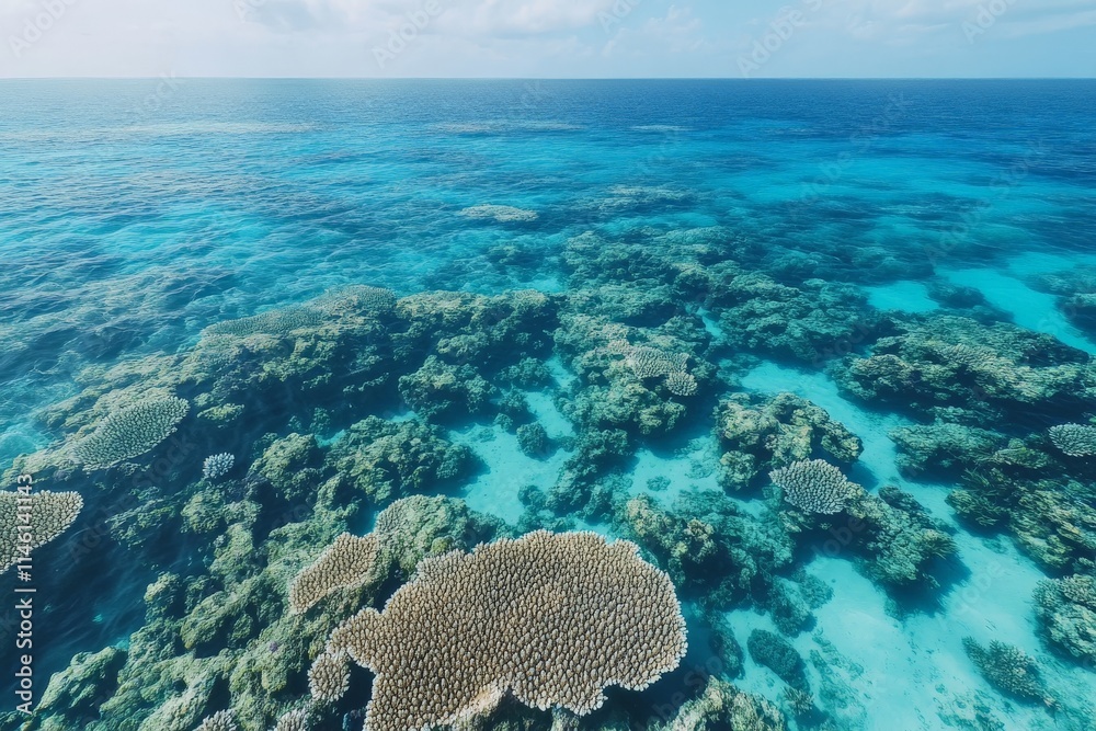 Poster this image beautifully captures an expansive view of a coral reef sitting beneath clear blue waters,
