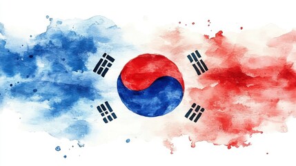 Dynamic watercolor Korean flag, swirling blue and red hues, traditional symbols embedded, vibrant national spirit.