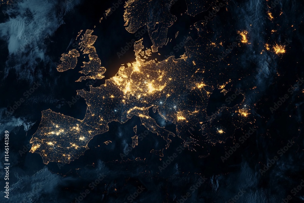 Poster a captivating view of europe at night, with cities and landmarks illuminated brilliantly from space,