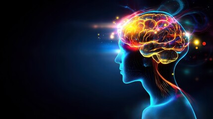 Neon Brain Glow, vibrant neural activity, human silhouette, dynamic thought, illuminated mind concept, digital art.