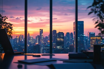 Fototapeta premium A serene office features a breathtaking sunset over a city skyline, evoking feelings of tranquility and inspiration amidst the hustle and bustle of urban life.
