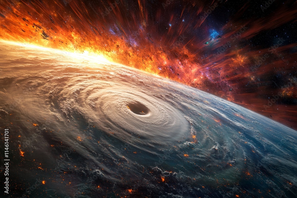 Poster a striking abstract image of a swirling cosmic storm, rich in fiery colors and dramatic movement, po