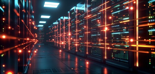 A futuristic data center with rows of glowing servers, connected by streams of light representing data traffic, on a dark background highlighting the dynamic flow.