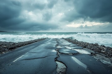 Under a stormy sky, fierce ocean waves crash onto a fractured coastal roadway bridge, illustrating the unyielding power and dynamic beauty of nature's elements.