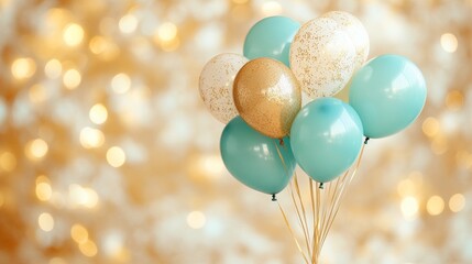 Teal, Gold, and White Balloons. A Celebration with a Bokeh Effect, a Festive Backdrop