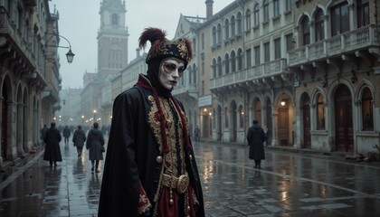 Obraz premium Venice carnaval, Mysterious masked figure at Venice carnival, rainy atmosphere, historic streets, elegant costume