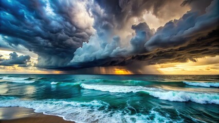 Fototapeta premium Seascape photography showcases a powerful storm, its clouds and waves perfectly balanced.