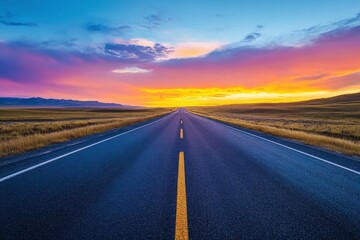 Naklejka premium Serene Journey on an Endless Road Under a Vibrant Sunset Sky Embracing Beautiful Colors with Tranquil Landscape in the Background of Vast Plains and Mountains